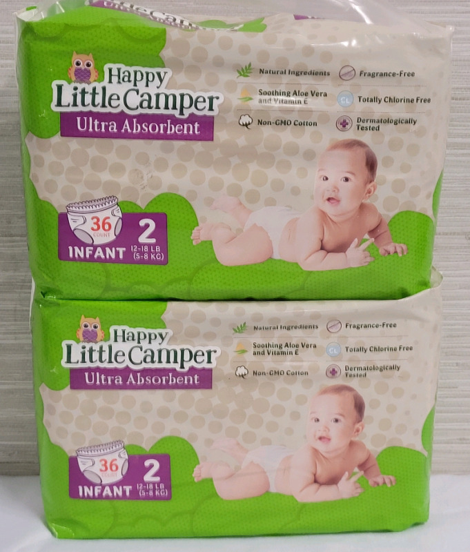 New - Happy Little Camper Ultra Absorbent Natural Disposable Baby Diapers , Infant