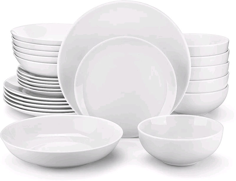 New MALACASA 23-Piece Gourmet Porcelain Dinnerware Set - Modern White Round Dish Set for 6 - 1x Plate Missing