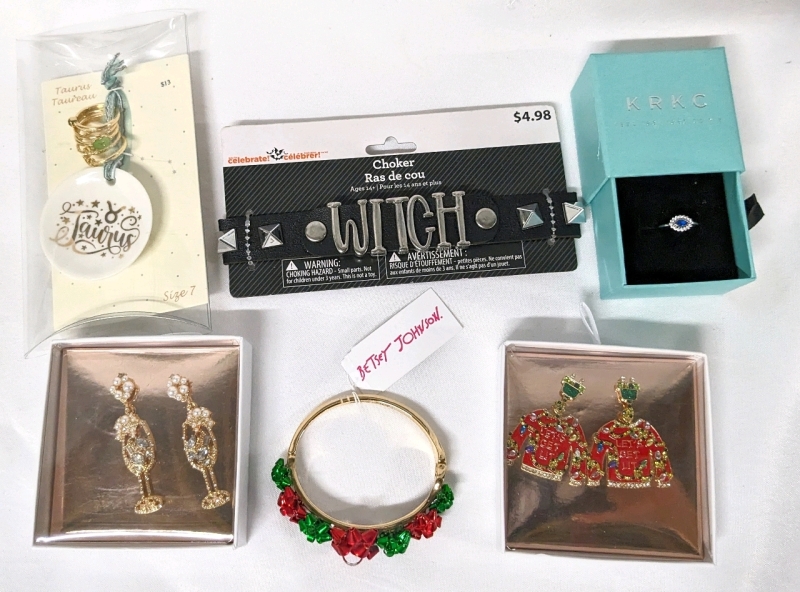 New Jewelry: Sterling 925 Evil Eye Ring (Sz 6), 5 Gold Tone Rings (Sz 7) w Taurus Ring Plate, Betsey Johnson Bracelet, Earrings +