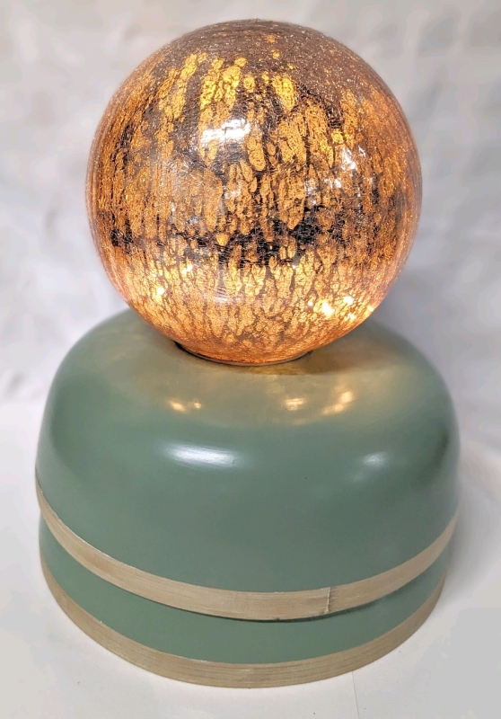 2 Large Bamboo Bowls & Neat Light-Up Crackle-Glass Ball 7.75" Tall