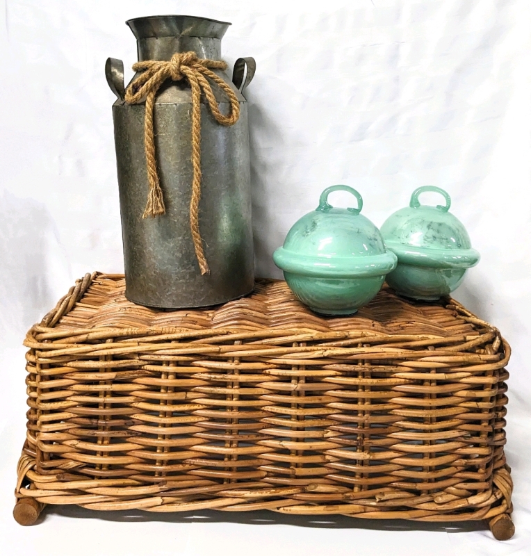 2 Teal Glass Buoys (?) 6.5" Tall, 14.25" Tall Decorative Milk Can & Wicker Basket with Handles 21" x 12.5" x 7.5"