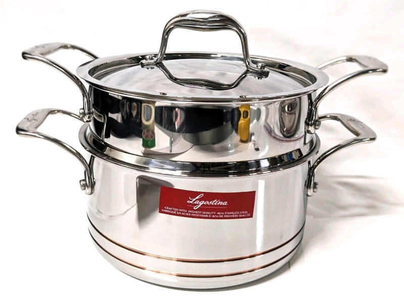 New LAGOSTINA 5-Ply Copper Clad 30L 20cm Casserole Pot w Lid & Open Steamer