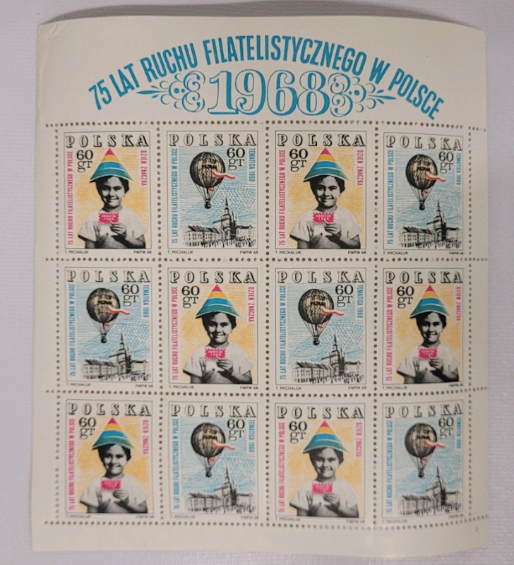 1968 Poland Post ' 75 Years Polish Philately ' Stamp Sheet . Unused & Unhinged