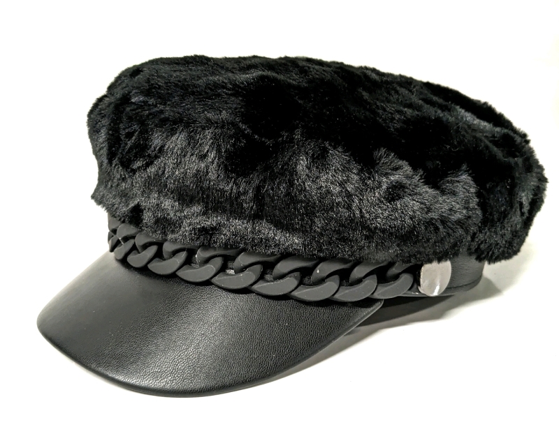 New Melanie Lyne Matte Chain Front Faux Fur Vegan Leather Brim Cap (One Size Fits Many)