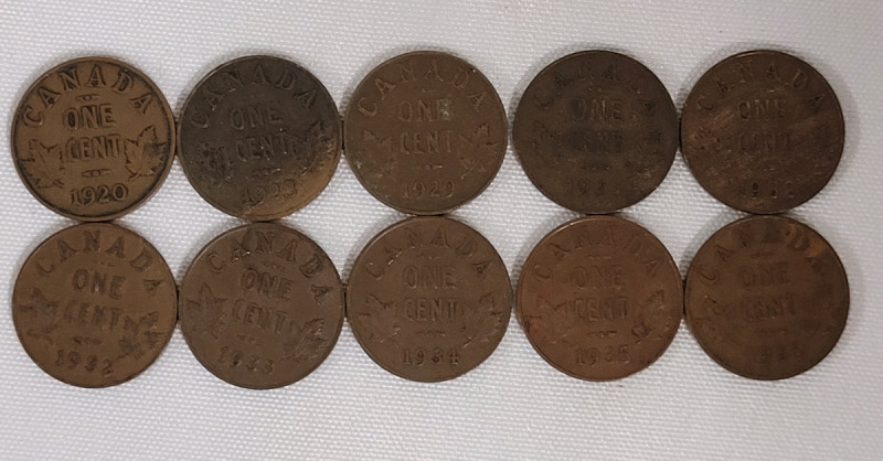 1920 - 1936 Canadian King George V Small Cent Pennies , 10 Coins