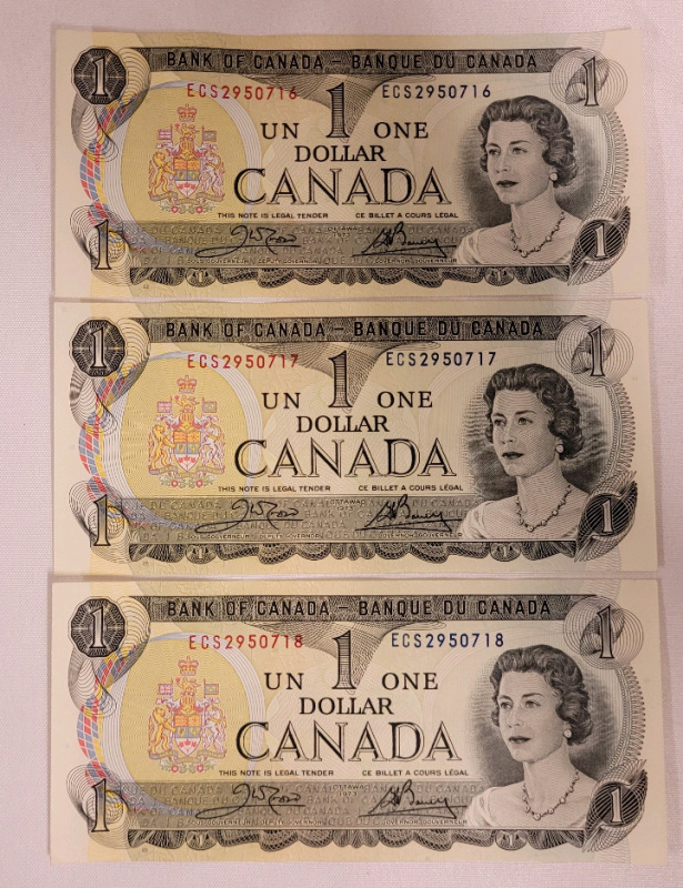 1973 Canadian Bank of Canada One Dollar Bank Notes with Consecutive Numbers