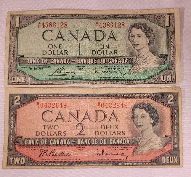 1954 Canadian Bank of Canada One Dollar & Two Dollar Bank Notes . Age Appropriate Wear