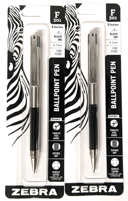 2 New Zebra F-301 Compact Stainless Steel Ballpoint Pens, 0.7mm, Black (27411)