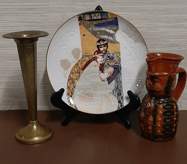 Knowles Plate with Bathsheba and Solomon a Trumpet Vase and a Hungarian Folk Art Pitcher Vase is 10" high