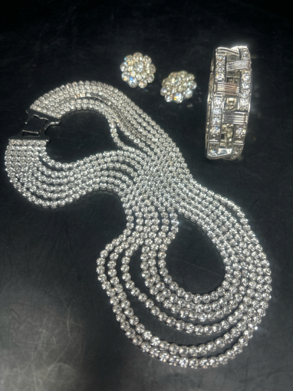 6 Strand Rhinestone Necklace Bracelet and Clip On Earrings