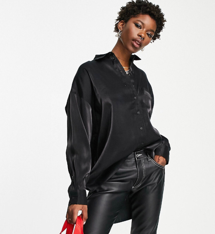 New Topshop oversized satin shirt in Black size 4