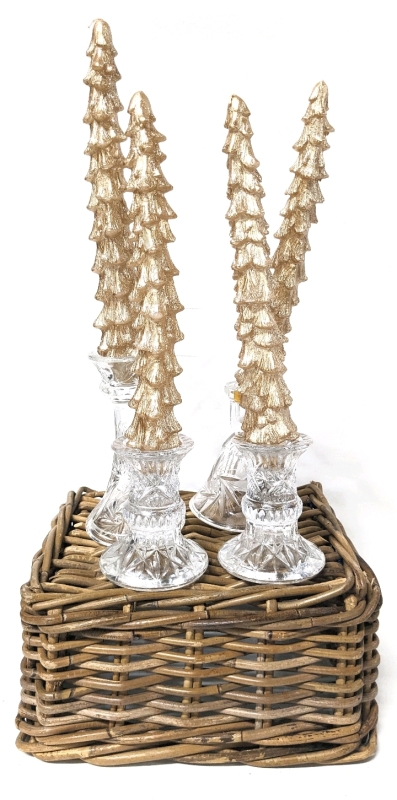 4 Heavy Glass Candle Holders w 4x 10" Long Gold Glittery Tree-Shaped Candles in Woven Basket 9.5" x 11.5" x 5.75"