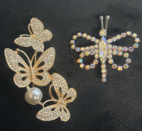 Two Beautiful Butterfly Brooches Rhinestone Set Pave Crystal