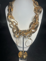 Chunky Goldtone Link Detailed Necklace and Earrings