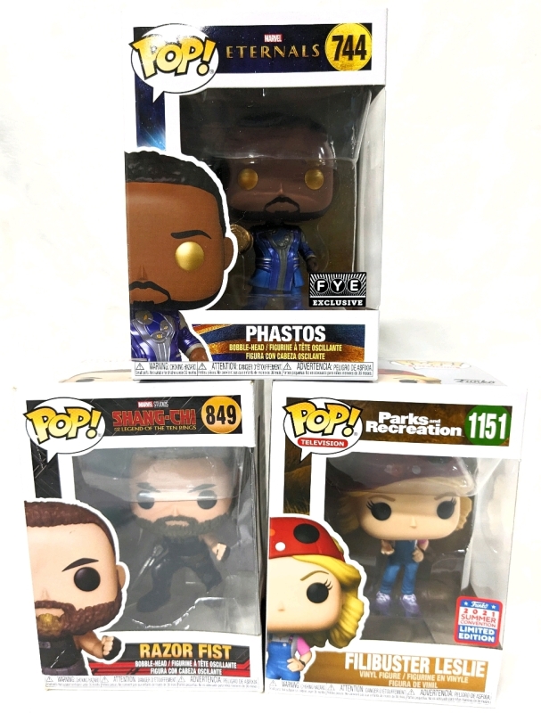 3 New FUNKO POP! Collectables : #1151 Filibuster Leslie Figure & #849 Razor Fist + #744 Phastos Bobble-Heads