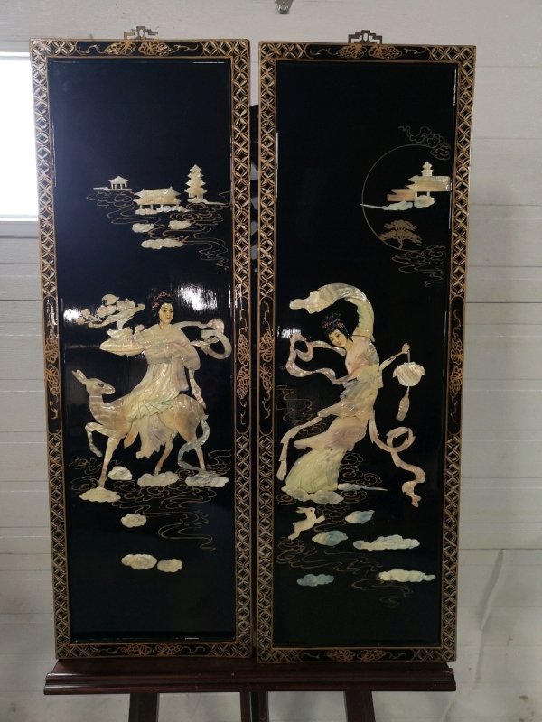 2 Vintage Asian Wall Art Panels - Mother of Pearl