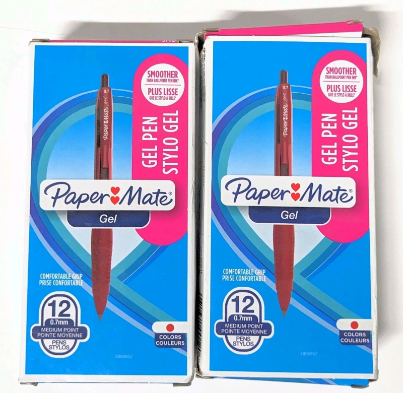 24 New PAPER MATE -Red Ink- 0.7mm Medium Point Gel Pens (2 Packs, 12 Per Pack)