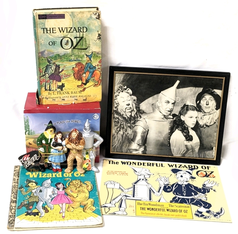 The WIZARD of OZ Lot: Framed Oversized Post Card, Ceramic Enameled Sign, Ceramic Ornaments, Golden Book and 60's Hardcover
