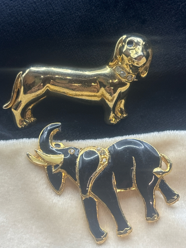 Enameled and Rhinestone Elephant Dog Brooches