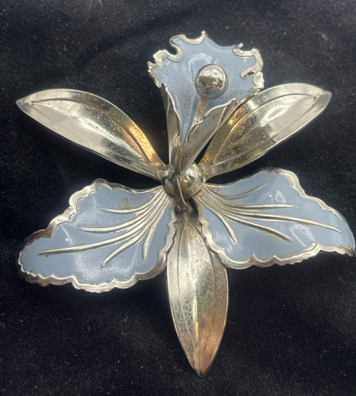 Vintage Blue EnamelOrchid Large Statement Silver Brooch