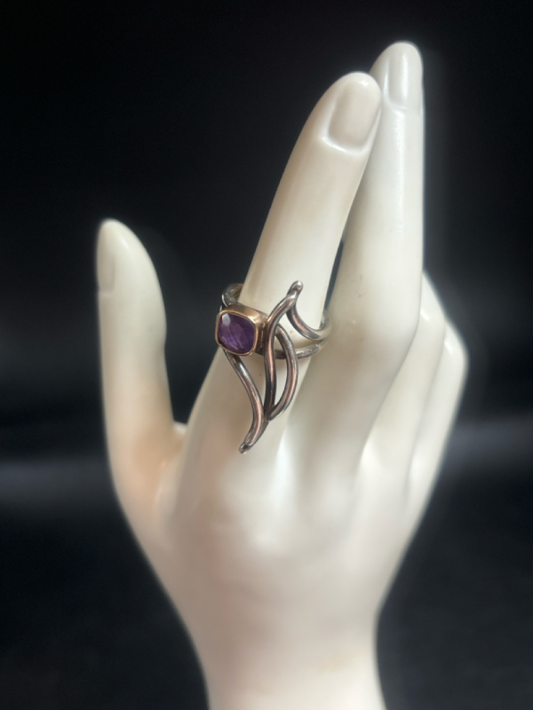 Modernist Amethyst Abstract Sterling Ring Size 6