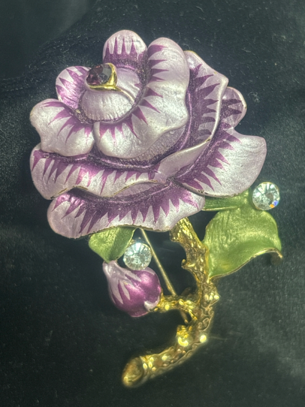 Beautiful Lilac Enameled and Rhinestone Brooch