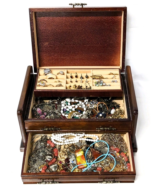 Assorted Unsorted Jewelry in Vintage Wooden Jewelry Box (11.75" x 7.25" x 5.75"(