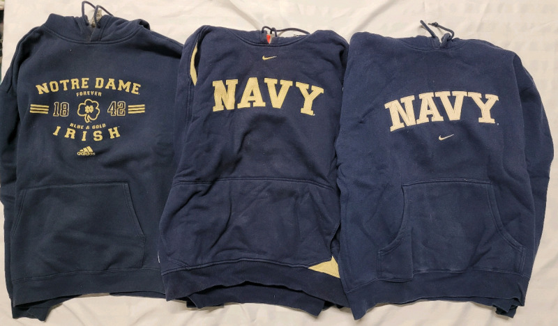 Notre Dame & Navy Hooded Sweatshirts . Size Extra Large . One (1) ND & Two (2) Navy Sweaters