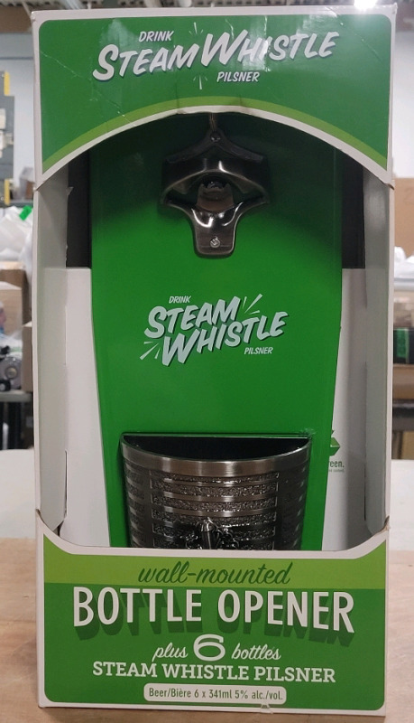 Steam Whistle Wall-Mounted Bottle Opener & Six (6) Collector Steam Whistle Bottles