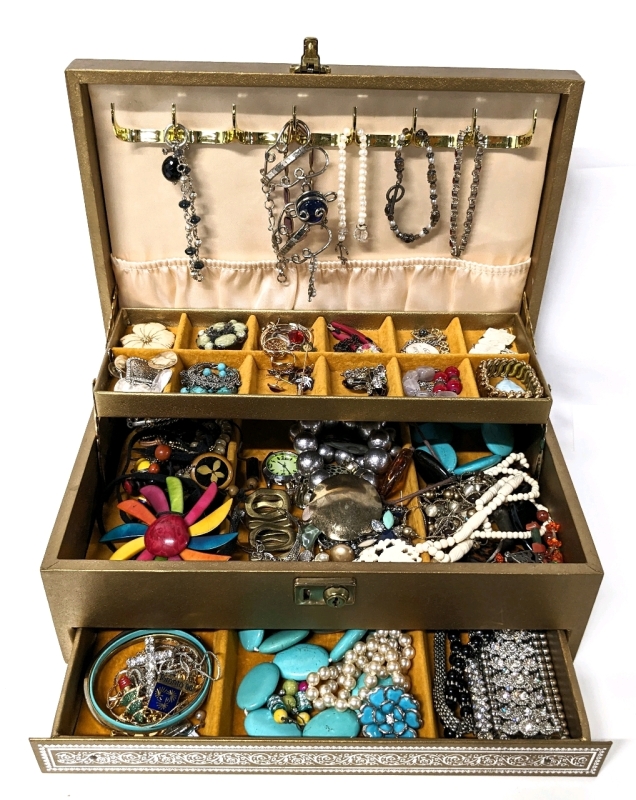 Assorted Unsorted Jewelry in Vintage 3-Tier Jewelry Box (12.5" x 8.2" x 4.5")
