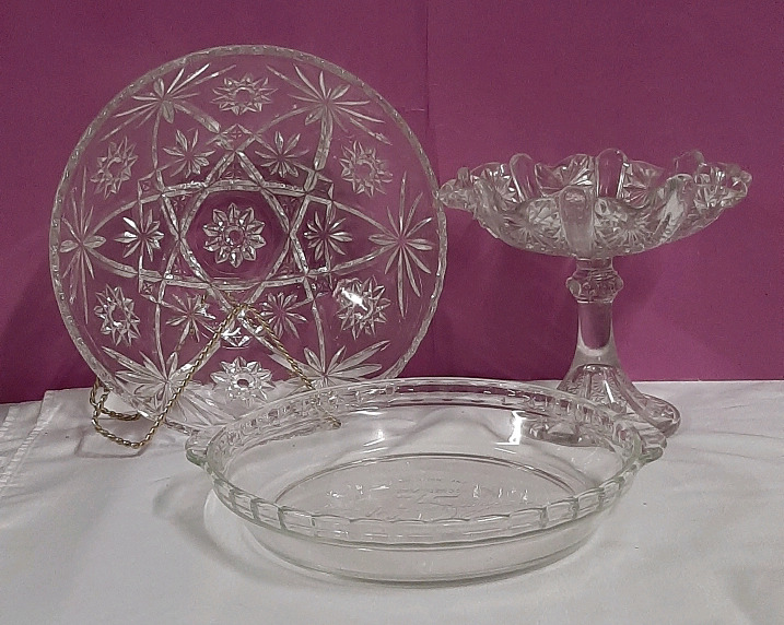 Vintage Cut Glass Compote Cut Glass Fruit Bowl 75th Anniversary Pyrex Pie Plate