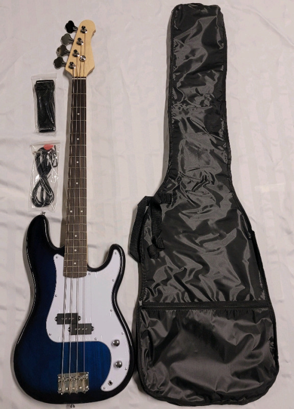 New - Costway Black & Blue Full Size 4 String Electric Bass Guitar with Strap , Guitar Bag , Amp Cord