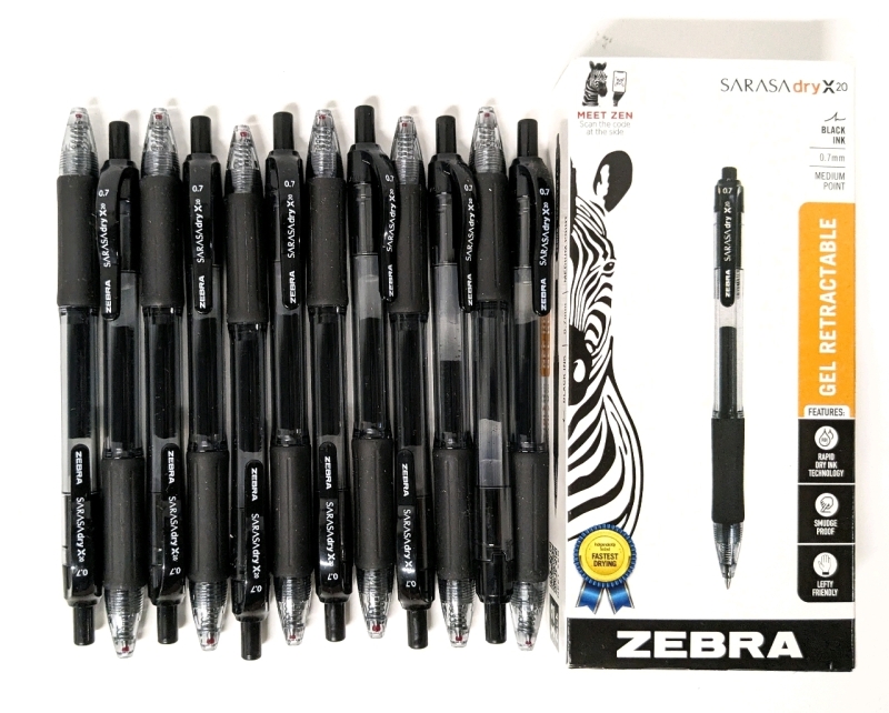 12 New Zebra Sarasa Dry Black Ink Gel Retractable Pens 0.7mm Medium Point #46810