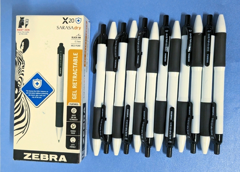 12 New Zebra Sarasa Dry Black Ink Gel Retractable Pens w Antimicrobial Additive 0.7mm Med Point #41610