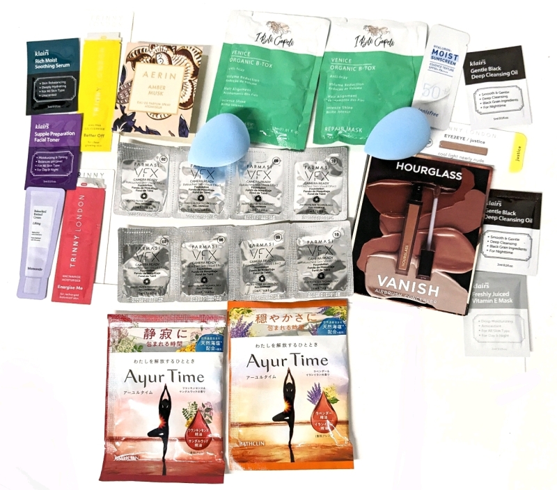 Assorted Makeup & Skin Care Samples: Farmasi, Klairs, Trinny London + Makeup Sponges, Bath Salts & More