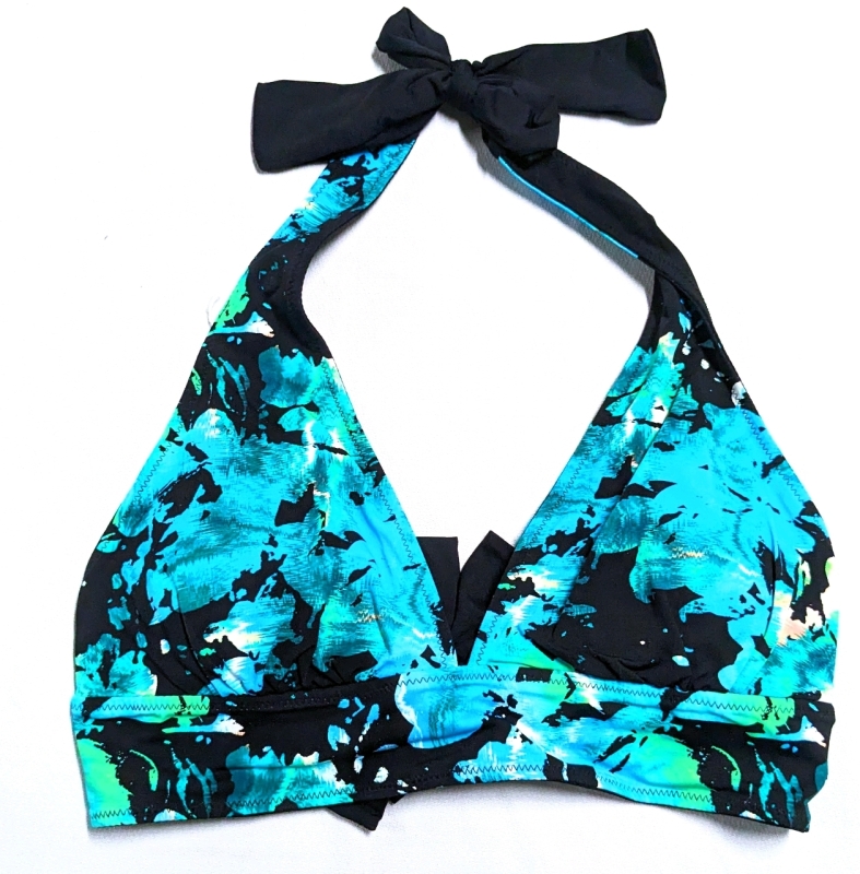 New Size Large Marks FarWest Women's Reversible Halter Bikini Swim Top (Turquoise Print / Black)