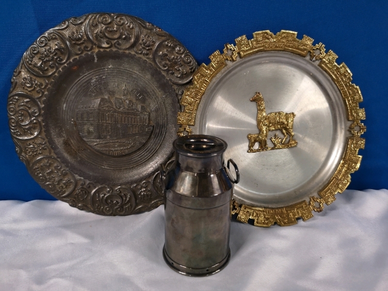 Vintage Metal Collectible Plates & Small Milk Jug