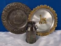 Vintage Metal Collectible Plates & Small Milk Jug