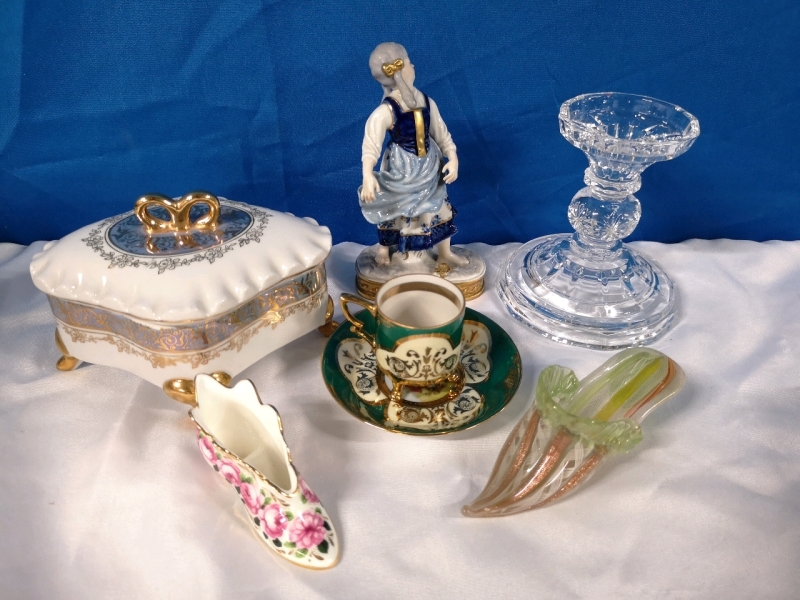 Vintage Collectibles - Figure, Trinket Box, Crystal Candle Holder ++
