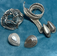 Two MCM Silver Large Brooches 925 Sterling Earrings + Omega Clips