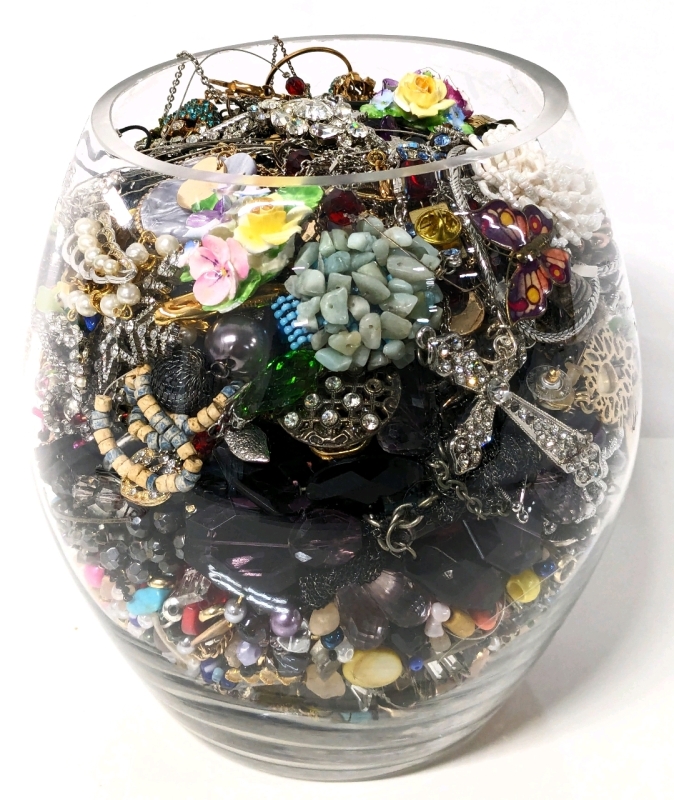 Glass Vase (7.75"h x 5"d) Filled with Craft Jewelry Pieces