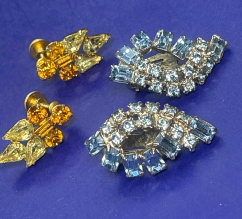 Two Vintage Baguette Aquamarine and Sunflower Jonquil Rhinestone Earrings