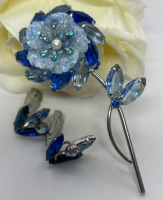 Precious Aqua Sapphire Rhinestone Molded glass Brooch and Earrings