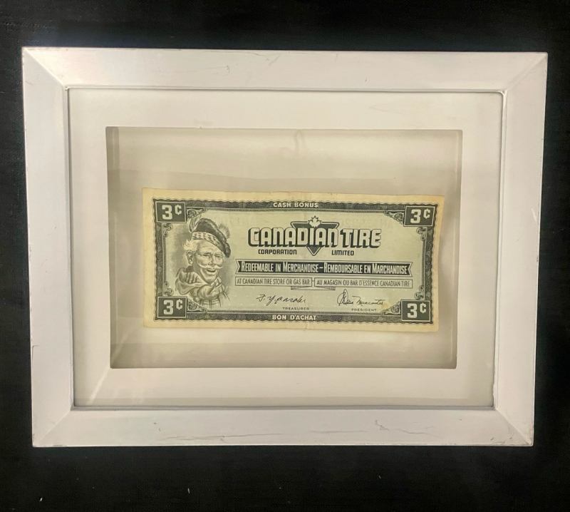 Framed 1974 Canadian Tire 3 Cents Cash Bonus Banknote