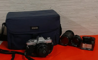 Vintage Minolta X-370 with 3 Lenses Flash Carry Bag Untested