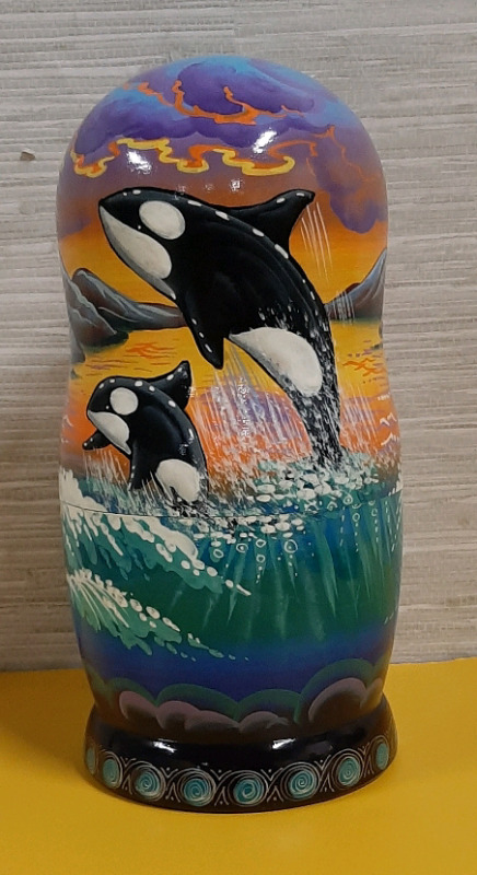 Golden Cockeral Russian Doll Tallest Dall is 8.25" Decoated with Whale Scenes Dated Russia 2014