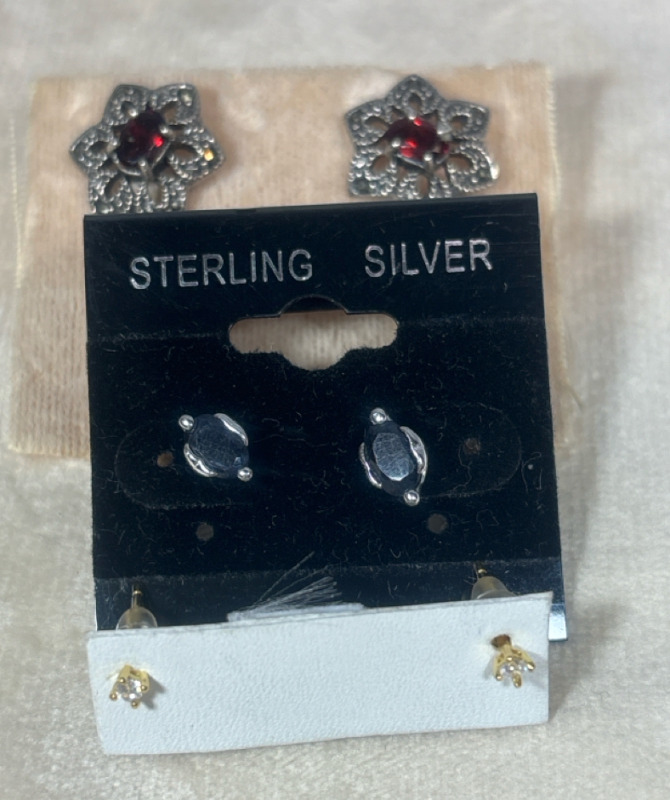 Three 925 Pierced Earrings Sapphire Garnet Marcasite Clear