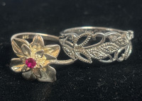 Designer Two 925 Sterling Rings one Diamond Accent one Ruby