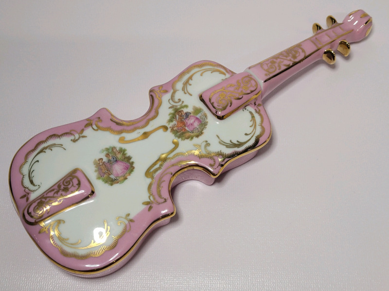 Vintage French Limoge Porcelain Violin Vanity Box . Measures 10 1/4" long