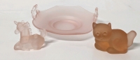 Frosted Glass Lot: Rose-Colored Handled Dish, Unicorn Birthday Candle Holder & Peach Coloured Kitten